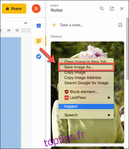 Cliquez avec le bouton droit de la souris et cliquez sur Enregistrer l'image sous pour enregistrer un fichier image à partir de vos notes Keep
