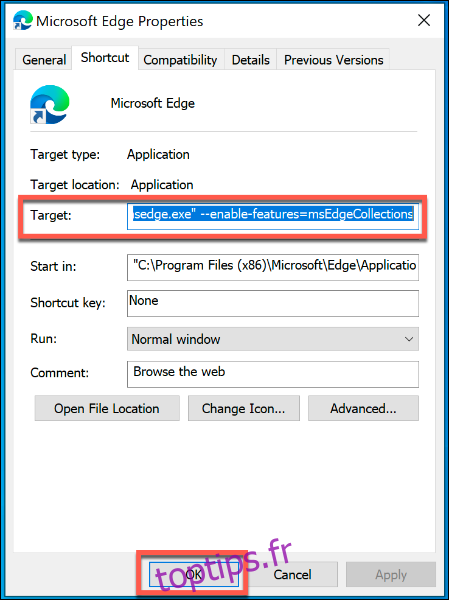 Un raccourci Microsoft Edge personnalisé avec l'indicateur enable-features