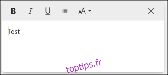 Une note sur les collections Microsoft Edge avec des options de mise en forme visibles