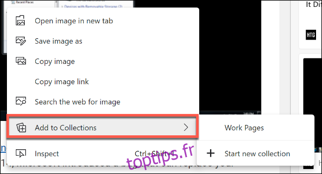 Cliquez avec le bouton droit sur un objet ou du texte sélectionné, puis sélectionnez votre collection dans la sous-catégorie Ajouter à la collection pour ajouter ce contenu à votre collection Microsoft Edge
