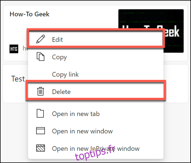 Les options de suppression ou de modification d'une page Web enregistrée n Collections Microsoft Edge