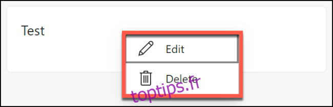 Les options pour supprimer ou modifier une note enregistrée dans une collection Microsoft Edge