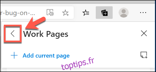 Cliquez sur la flèche pointant vers la gauche dans le menu Collections de Microsoft Edge pour revenir au menu principal des fonctionnalités