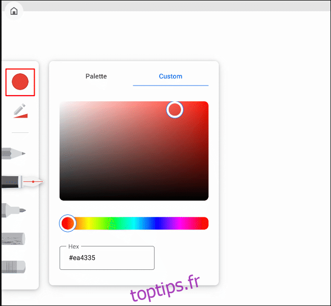L'outil de sélection des couleurs de dessin dans Google Chrome Canvas, avec les options affichées