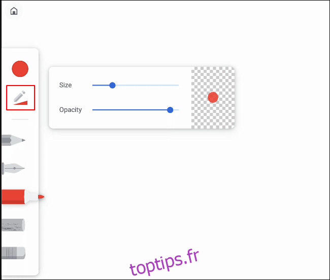 Cliquez sur l'icône sous l'icône circulaire dans le menu des outils de dessin dans Google Chrome Canvas pour modifier la taille et l'opacité de l'outil
