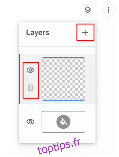Le menu Calques dans Google Chrome Canvas avec des options pour ajouter, supprimer ou masquer des calques