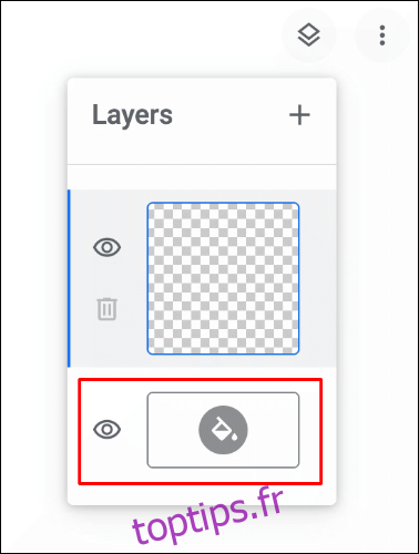 Pour modifier la couleur du canevas dans Google Chrome Canvas, cliquez sur le menu des calques en haut à droite, puis sur l'icône du pot de peinture