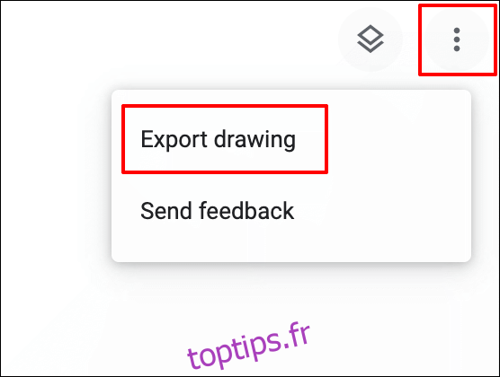 Pour exporter un dessin Google Chrome Canvas pendant l'édition, cliquez sur l'icône du menu des paramètres de hamburger en haut à droite, puis cliquez sur Exporter le dessin