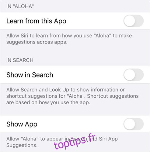 Exclure une application des suggestions et des résultats de recherche Siri