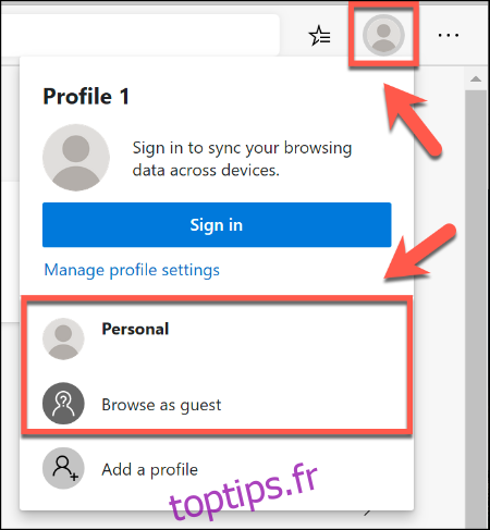 Pour basculer entre les profils de navigateur dans Microsoft Edge, cliquez sur l'icône de profil utilisateur en haut à droite, puis sélectionnez votre profil dans la liste fournie