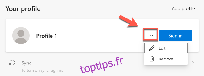 Cliquez sur l'icône du menu horizontal pour supprimer ou modifier un profil dans Microsoft Edge