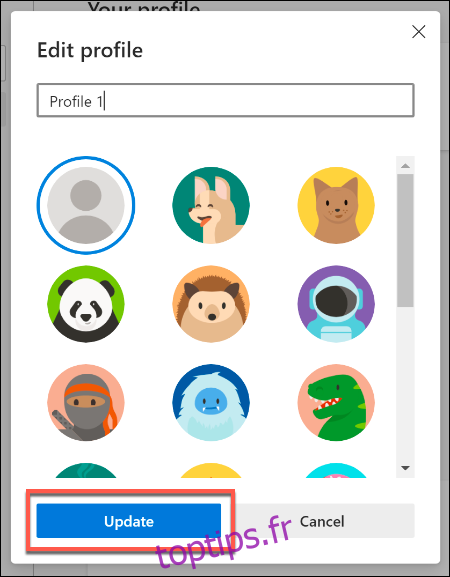 Fournissez un nouveau nom et une icône pour un profil utilisateur dans Microsoft Edge, puis appuyez sur Mettre à jour pour mettre à jour vos paramètres