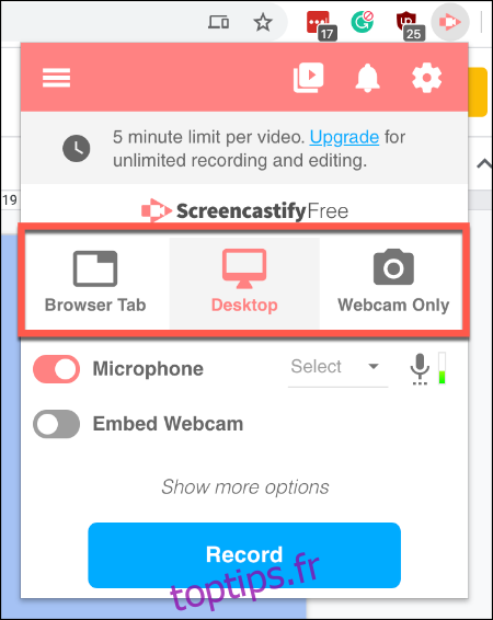 Appuyez sur Screencastify et sélectionnez votre option d'enregistrement préférée