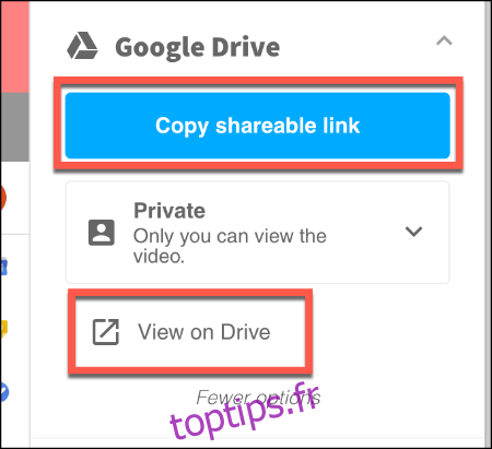 Appuyez sur Afficher sur Drive pour afficher votre enregistrement Screencastify sur Google Drive ou sur Copier le lien partageable pour y copier un lien
