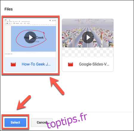 Dans le menu de sélection Insérer une vidéo dans Google Slides, appuyez sur votre vidéo, puis cliquez sur Sélectionner pour l'insérer