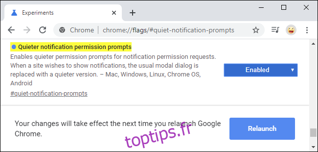 L'indicateur de demande de notification plus silencieux dans Google Chrome 80