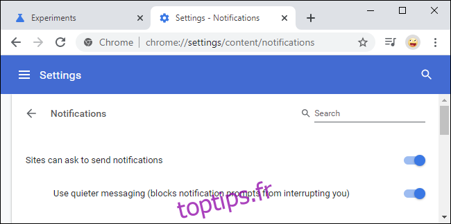 Activation de l'option de messagerie plus silencieuse de Google Chrome pour les notifications dans les paramètres.
