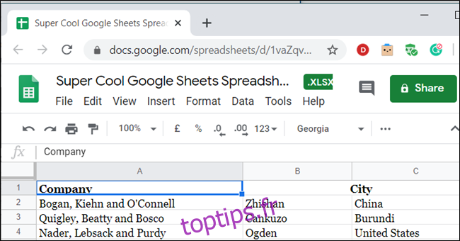 Une feuille de calcul ouverte dans Google Sheets.