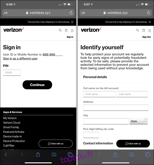 Un site Web de phishing qui se fait passer pour Verizon.
