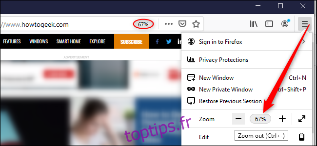 L'option Firefox pour le zoom par site Web.