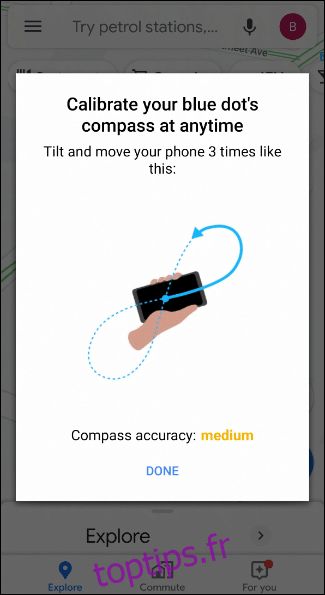 Lors de l'étalonnage de la boussole Android dans Google Maps, tracez trois fois votre téléphone en forme de huit