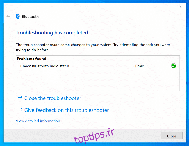 L'outil de dépannage de Windows, avec les problèmes Bluetooth identifiés détectés et corrigés.