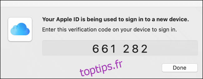 Un code d'authentification à deux facteurs pour une connexion iCloud, affiché sur un appareil macOS