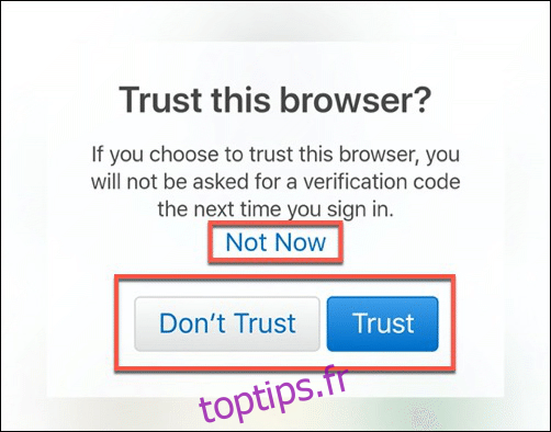 Cliquez sur Faire confiance pour faire confiance à votre appareil lorsque vous vous connectez à iCloud sur Android