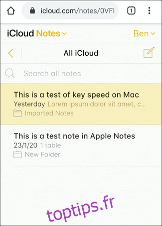Notes iCloud, affichées sur Android à l'aide du navigateur Chrome