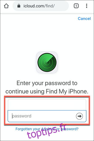 L'écran de connexion pour le service iCloud Find iPhone, affiché sur un navigateur Chrome sur Android
