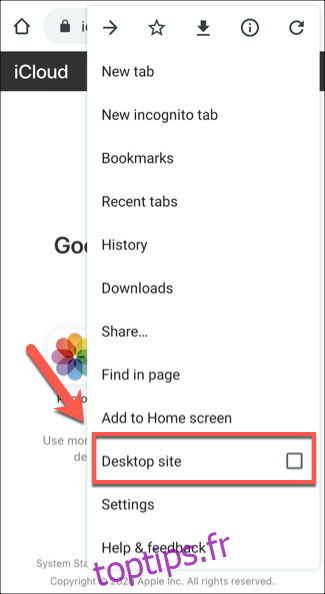 Cliquez sur l'option Site de bureau pour désactiver l'affichage du site Web mobile sur Chrome pour Android