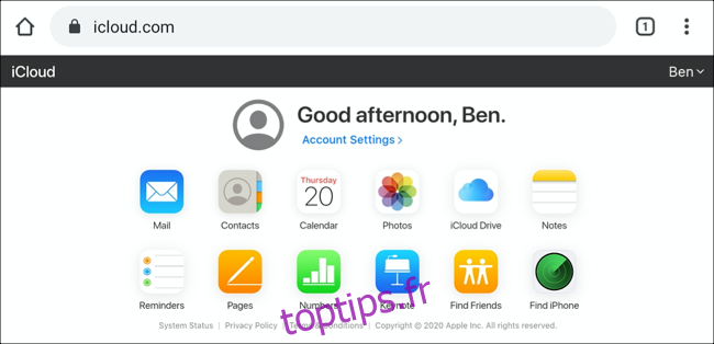 Le tableau de bord iCloud sur Android, affiché en mode d'affichage Bureau