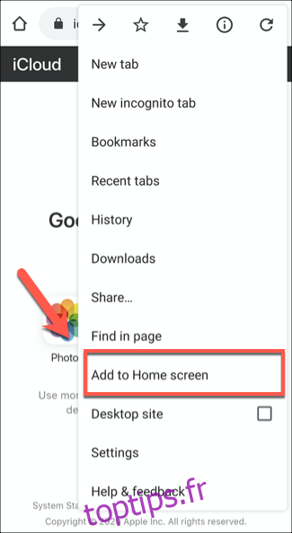 Appuyez sur Enregistrer sur l'écran d'accueil pour enregistrer une page en tant qu'application Web progressive sur Android