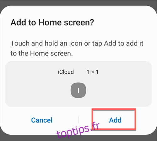 Appuyez sur le bouton Ajouter pour ajouter votre application iCloud PWA à l'écran d'accueil
