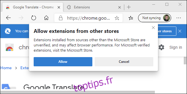Avertissement d'Edge concernant le Chrome Web Store