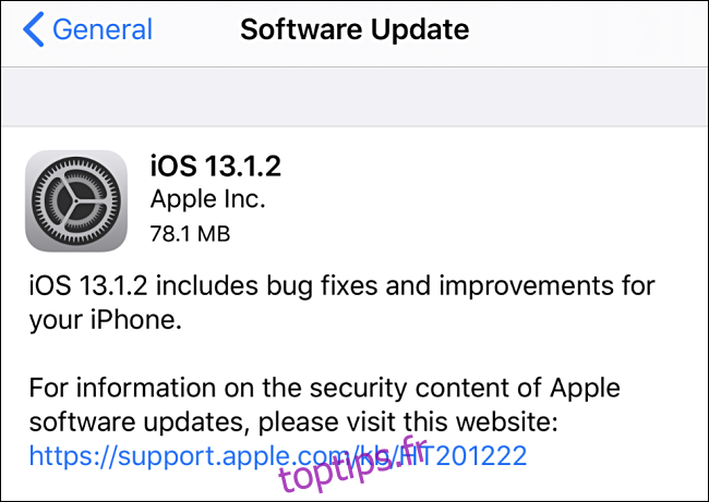 Capture d'écran de la mise à jour d'iOS vers la 13.1.2