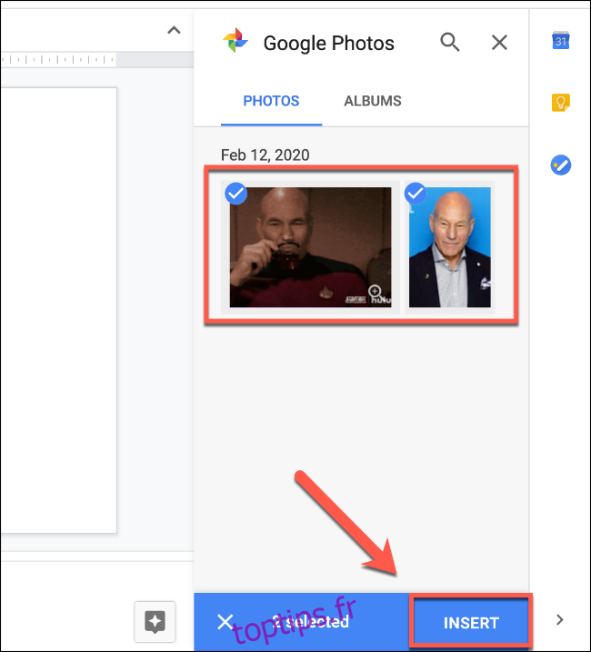 Sélectionnez vos images à l'aide du menu Google Photos, puis cliquez sur le bouton Insérer pour les insérer dans Google Slides
