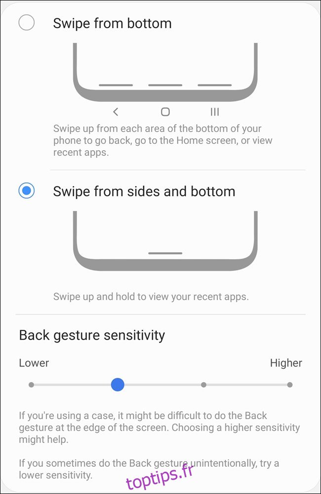 Samsung Galaxy S20 Sélectionnez les types de gestes et les paramètres personnalisés