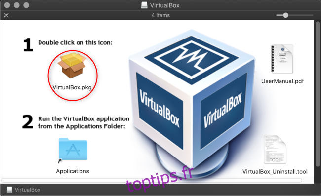 Le menu d'installation de VirtualBox.