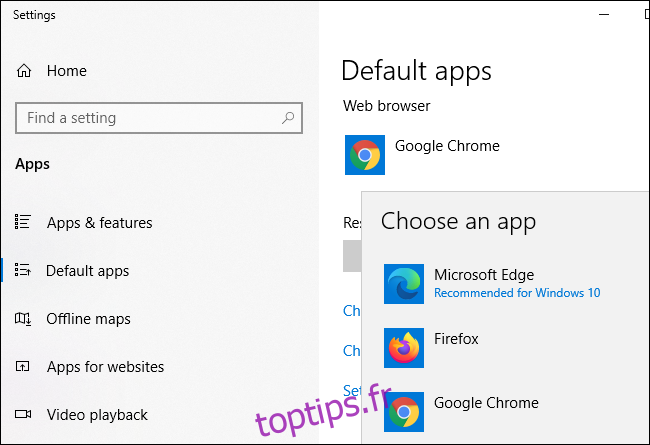 L'application Paramètres de Windows 10 recommandant le nouveau Microsoft Edge sur Firefox et Google Chrome