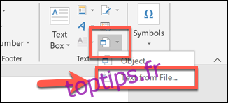 Cliquez sur la flèche en regard du bouton Objet, puis choisissez Insérer à partir d'un fichier