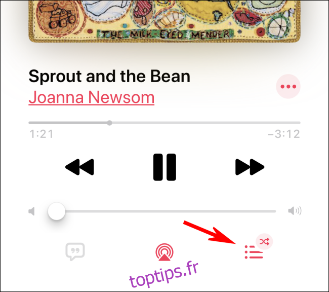Appuyez sur Suivant pour désactiver la lecture aléatoire dans l'application Apple Music