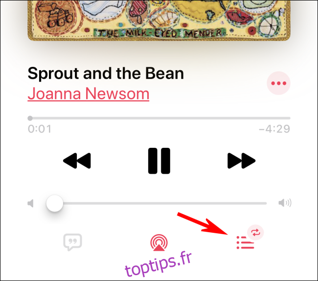 Appuyez sur l'icône Suivant pour désactiver la répétition dans l'application Apple Music