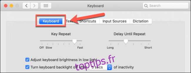 L'onglet Clavier dans les options du clavier dans les préférences système de macOS