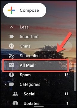 Appuyez sur l'onglet Tous les messages dans Gmail pour afficher tous les e-mails, y compris les e-mails archivés