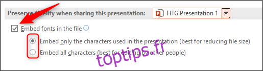 Sélectionnez les polices incorporées dans l'option de fichier PowerPoint Windows