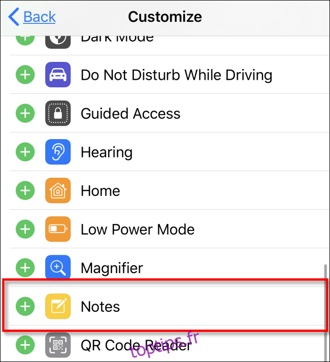 Ajout de notes au centre de contrôle sur iOS