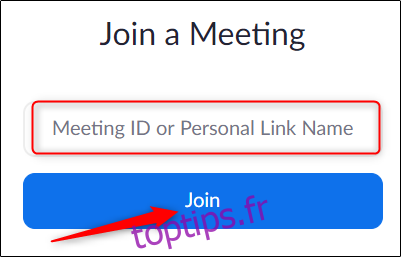 entrez l'identifiant de la réunion dans le navigateur Web