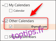 Le calendrier partagé affiché dans Outlook.