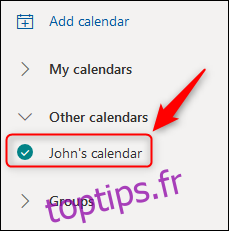 Le calendrier partagé affiché dans Outlook Online.